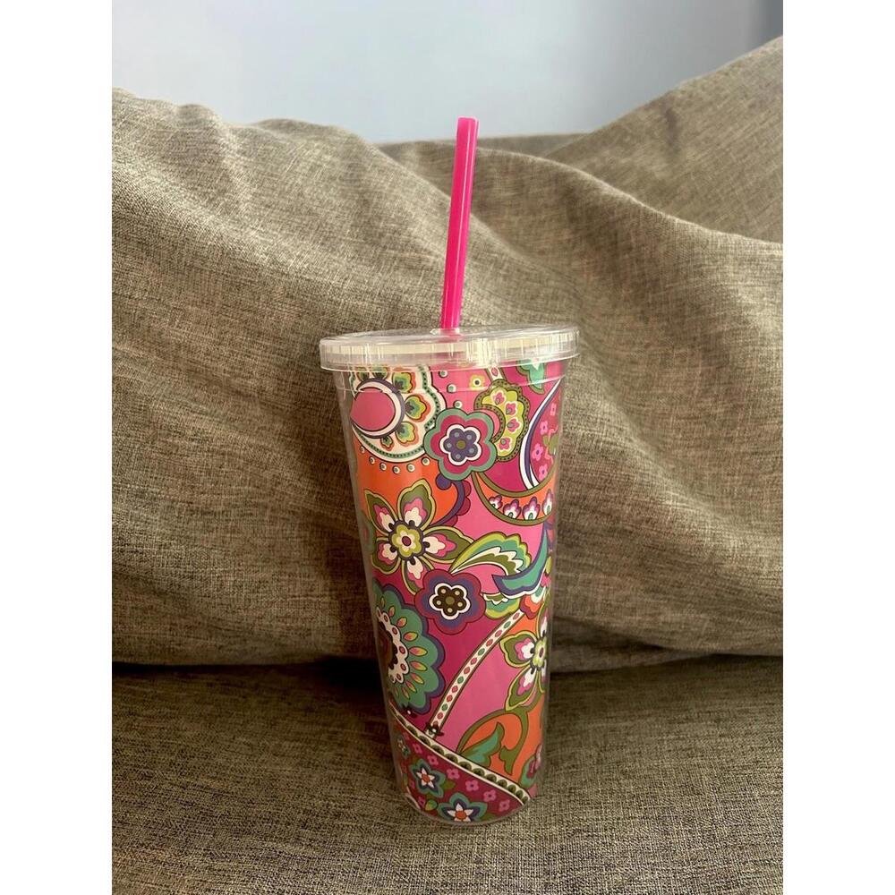 Vera Bradley Tumbler Pink Swirls Multicolor Floral With Straw New